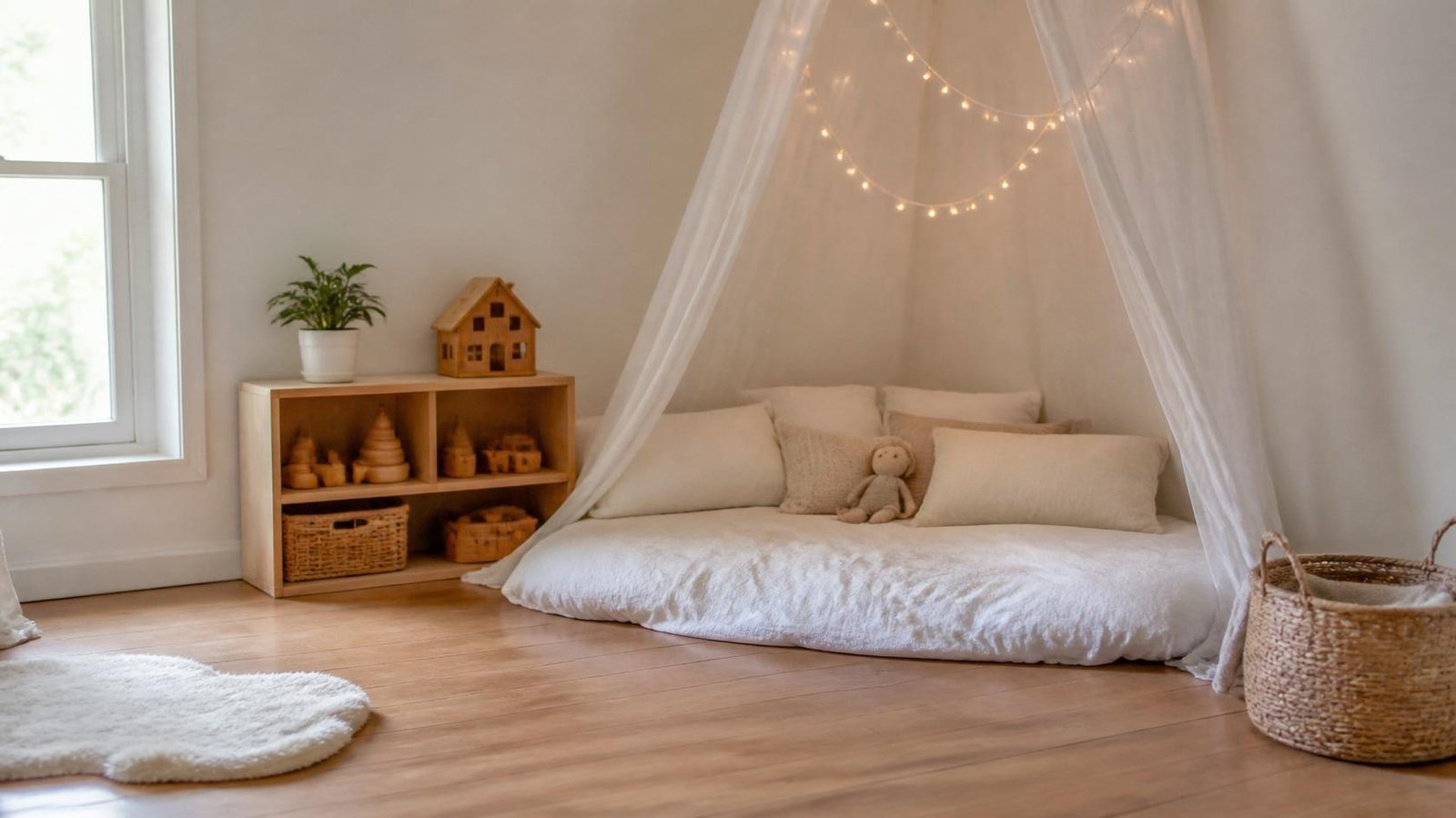 Floor bed in corner with canopy and warm fairy lights