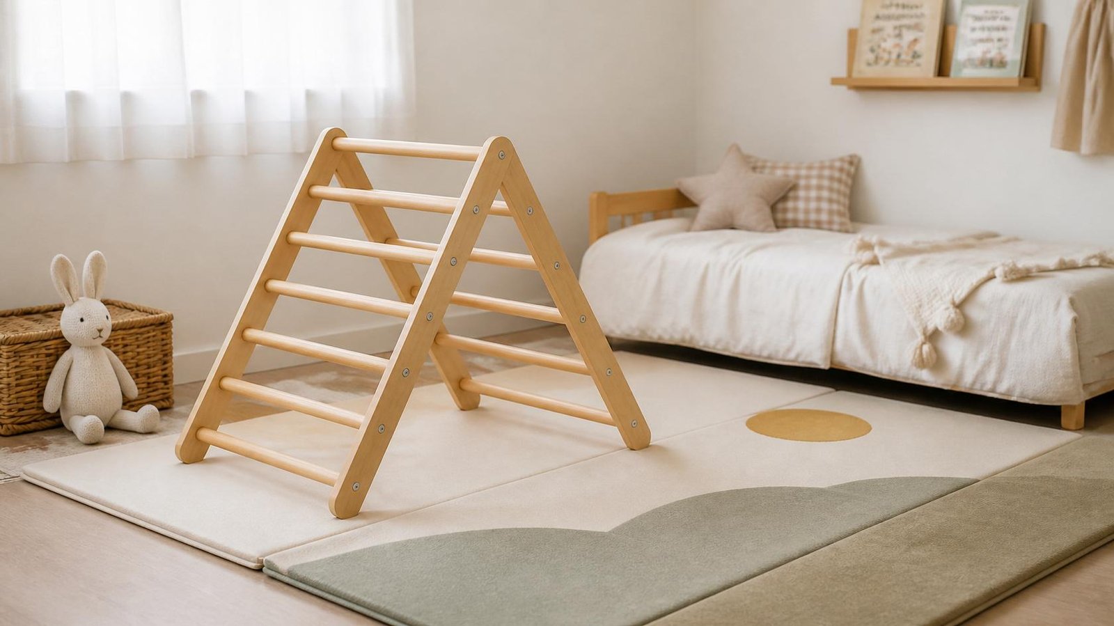 Foldable Pikler triangle against wall with soft play rug