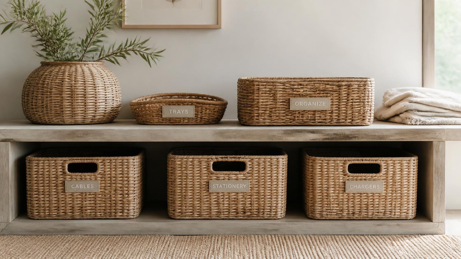 Labeled wicker baskets and trays on low shelf