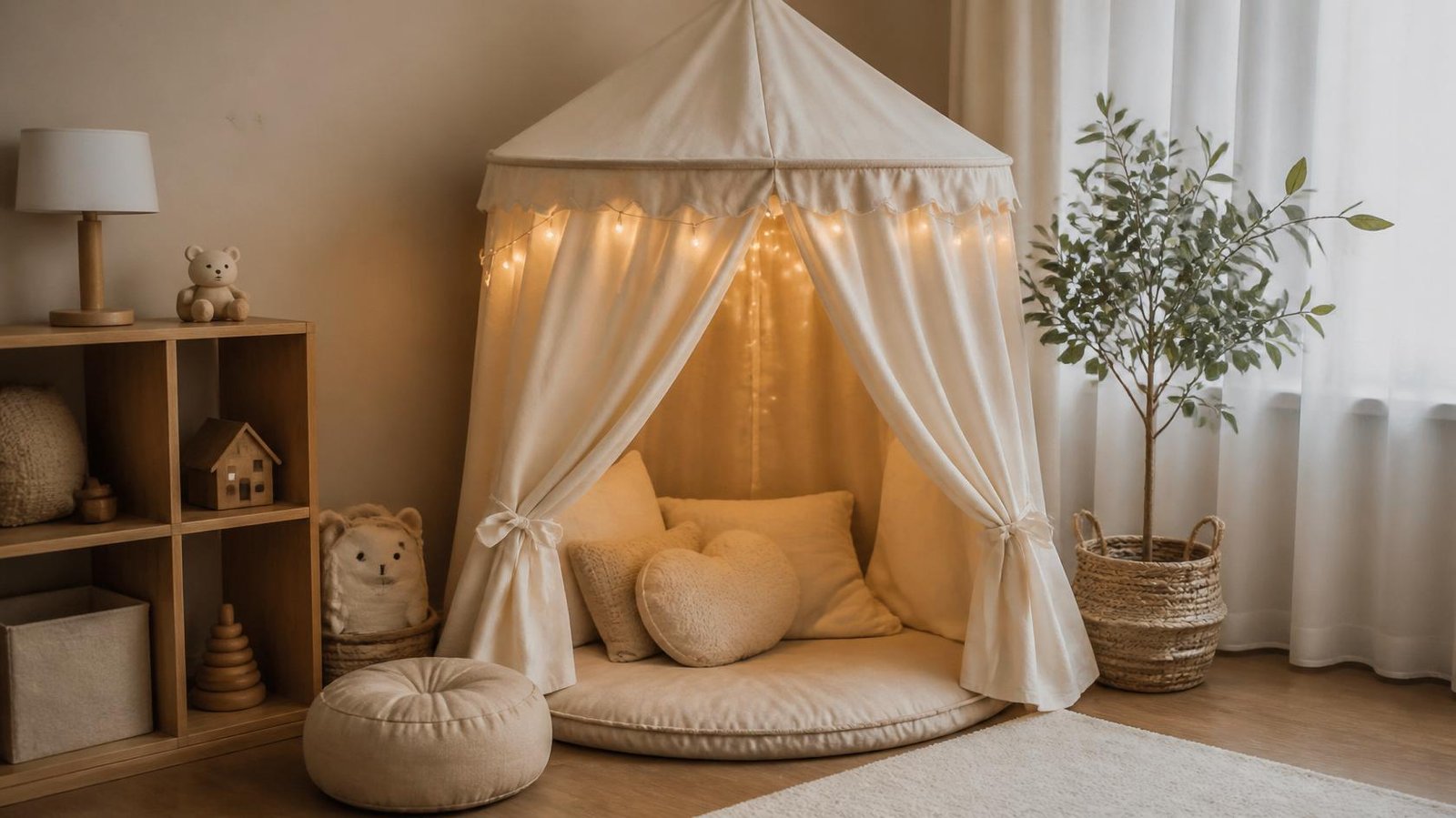 Montessori calm corner with small canopy tent and soft cushions
