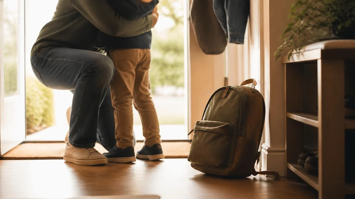 Backpack set down at home entryway after school