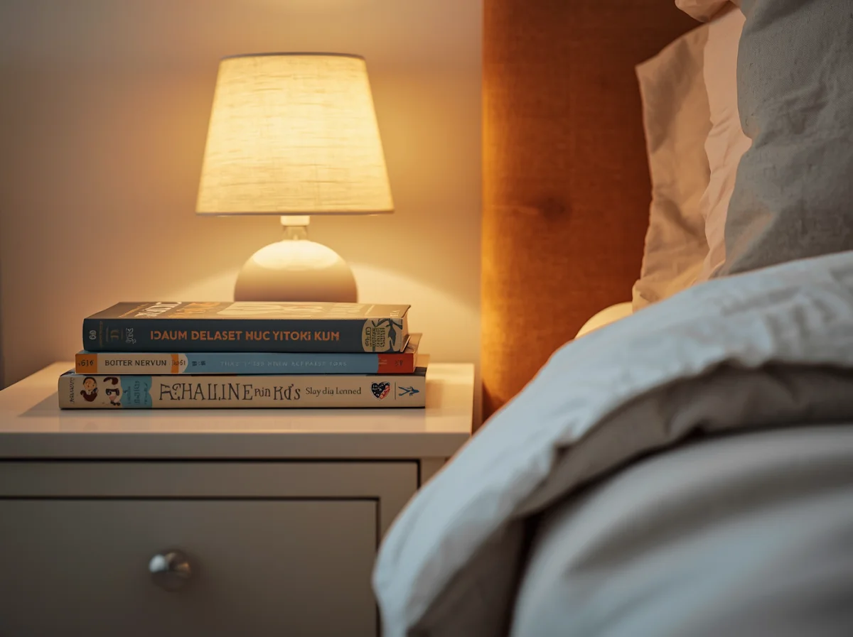 Three board books stacked beside low bed