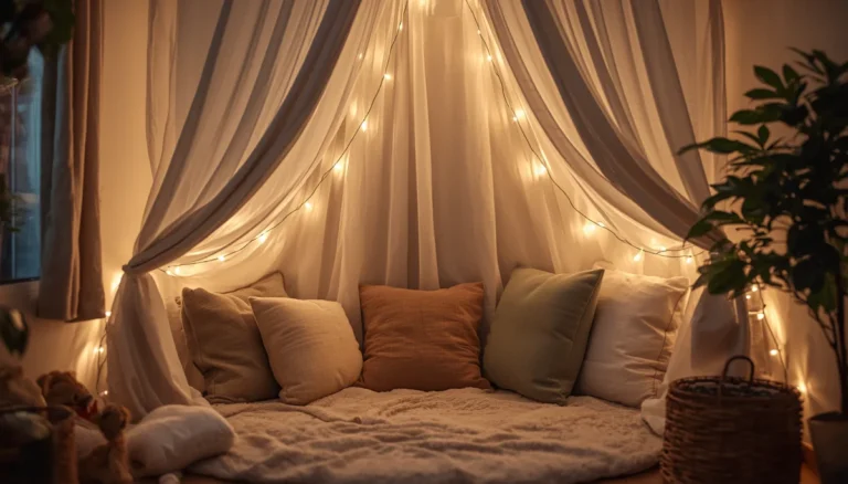 Small calm-down corner with soft floor cushions canopy and warm fairy lights