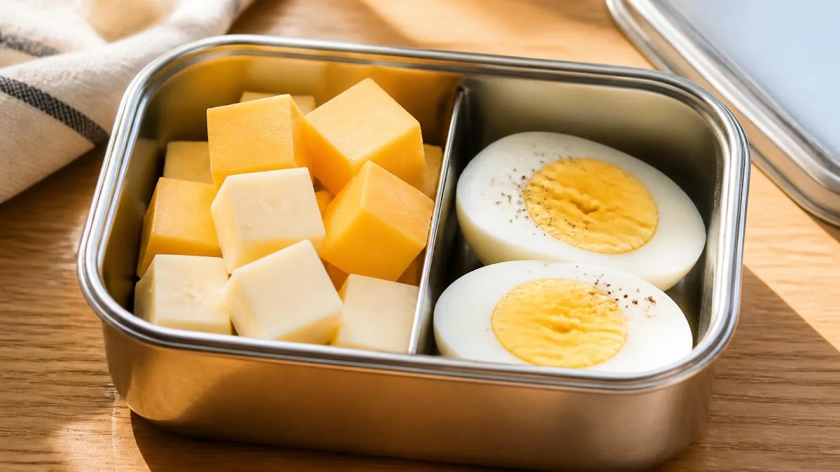 Cheese cubes and hard boiled egg in lunchbox