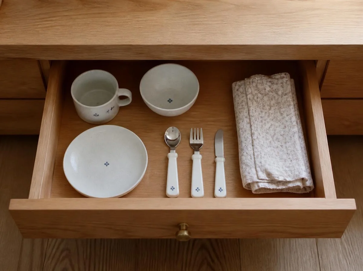 Open low kitchen drawer with child plate cup bowl