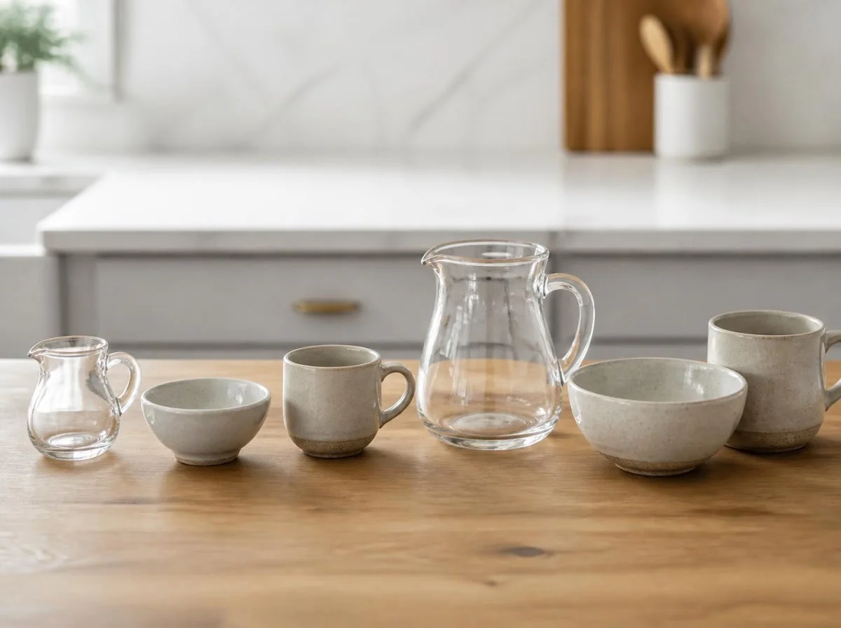 Small glass pitcher and child sized cup on wooden counter
