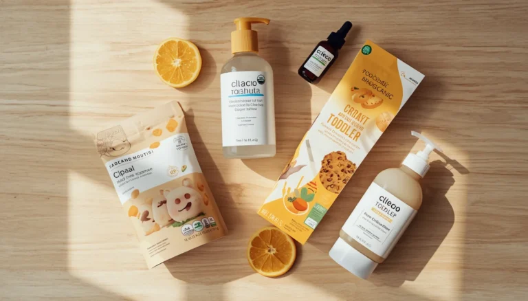 Clean toddler snacks and bath products flat lay