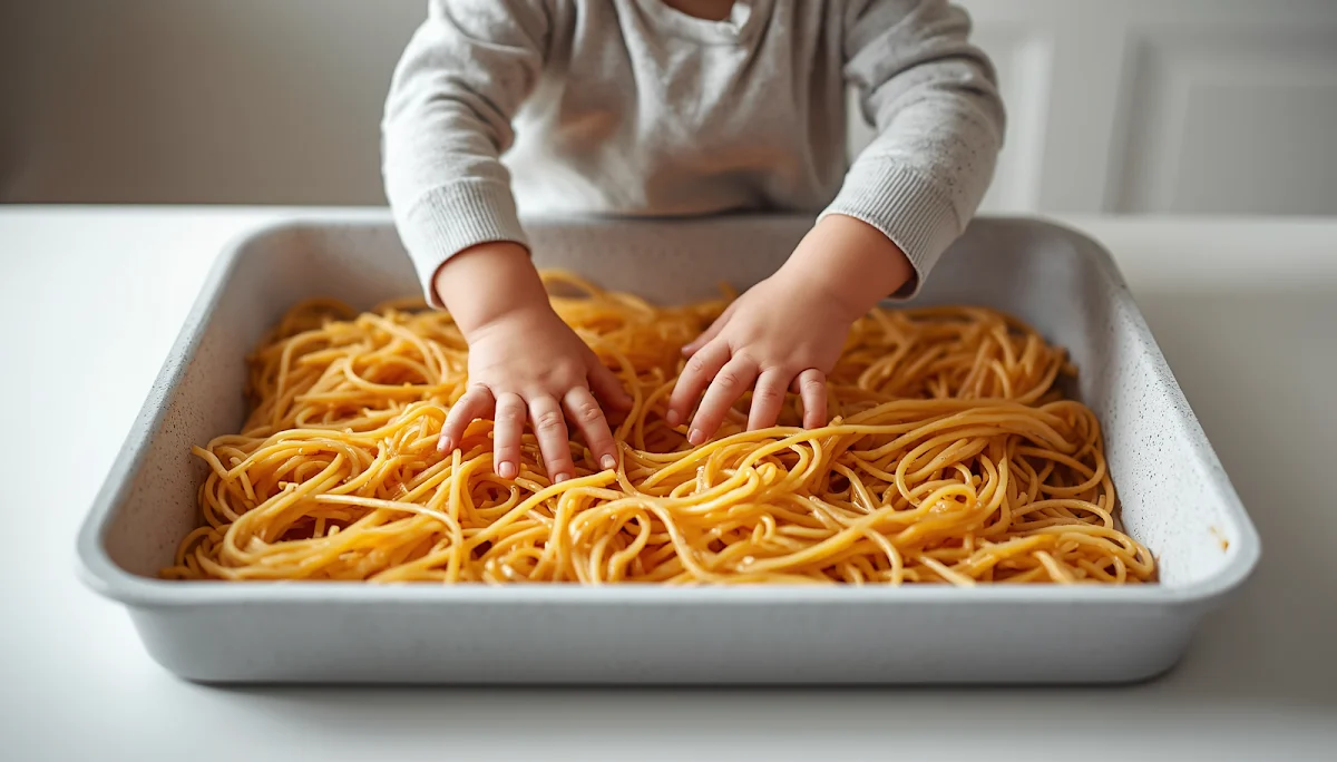 Cooked spaghetti sensory bin