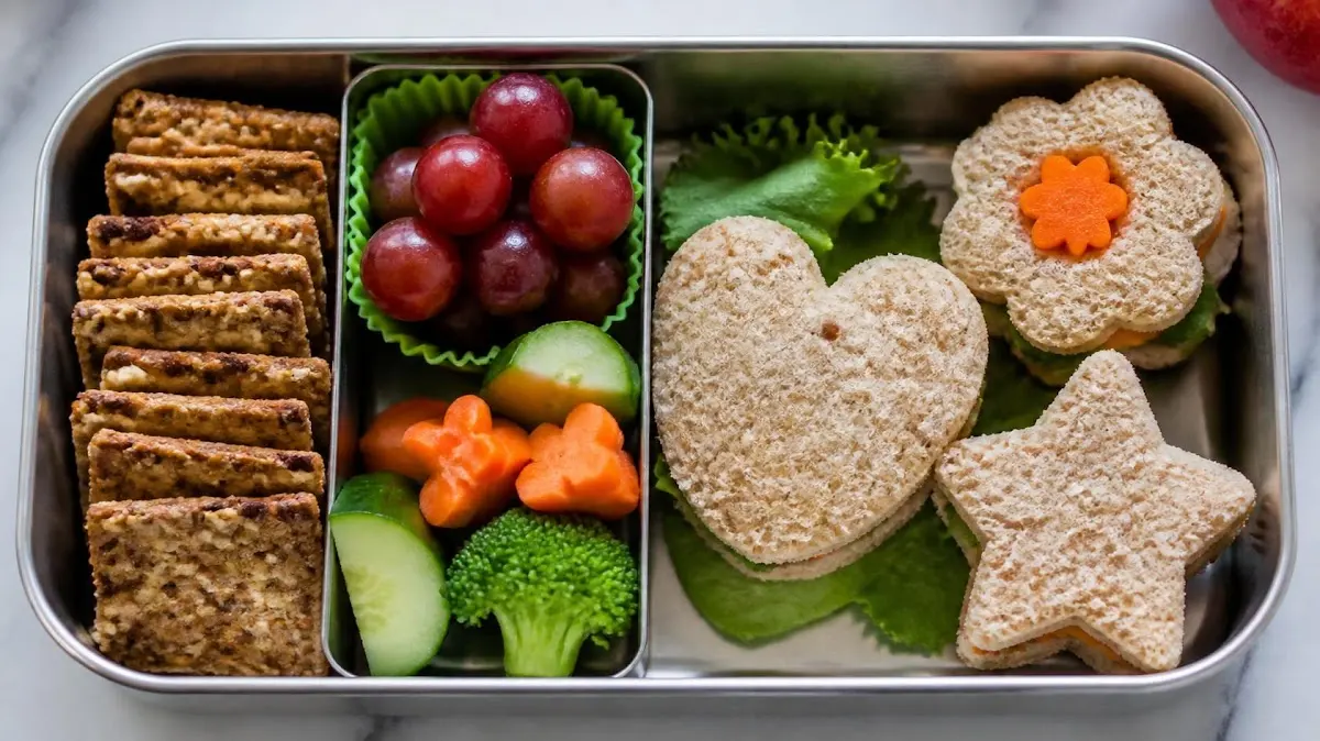 Whole grain crackers and sandwich shapes in bento