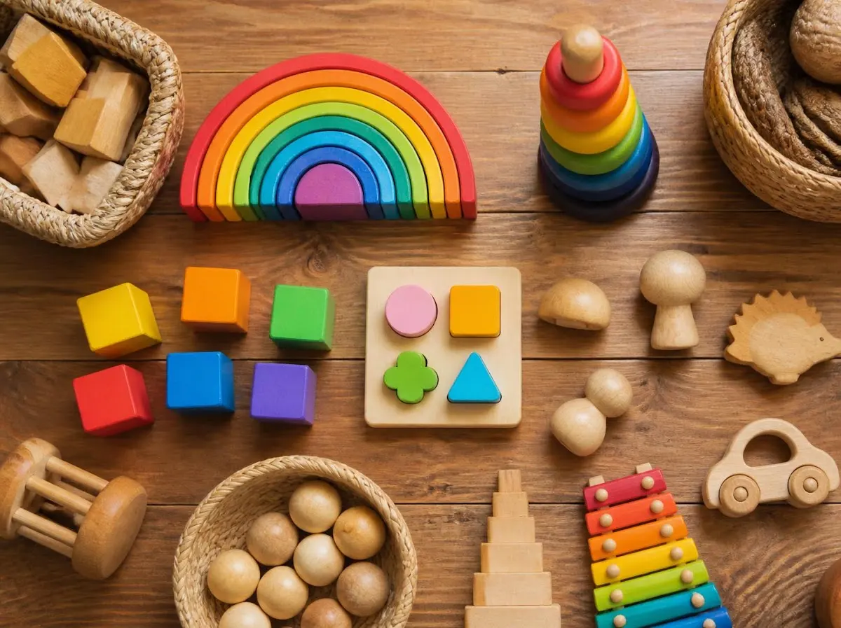 Flat lay of wooden eco-friendly toys on warm wooden surface