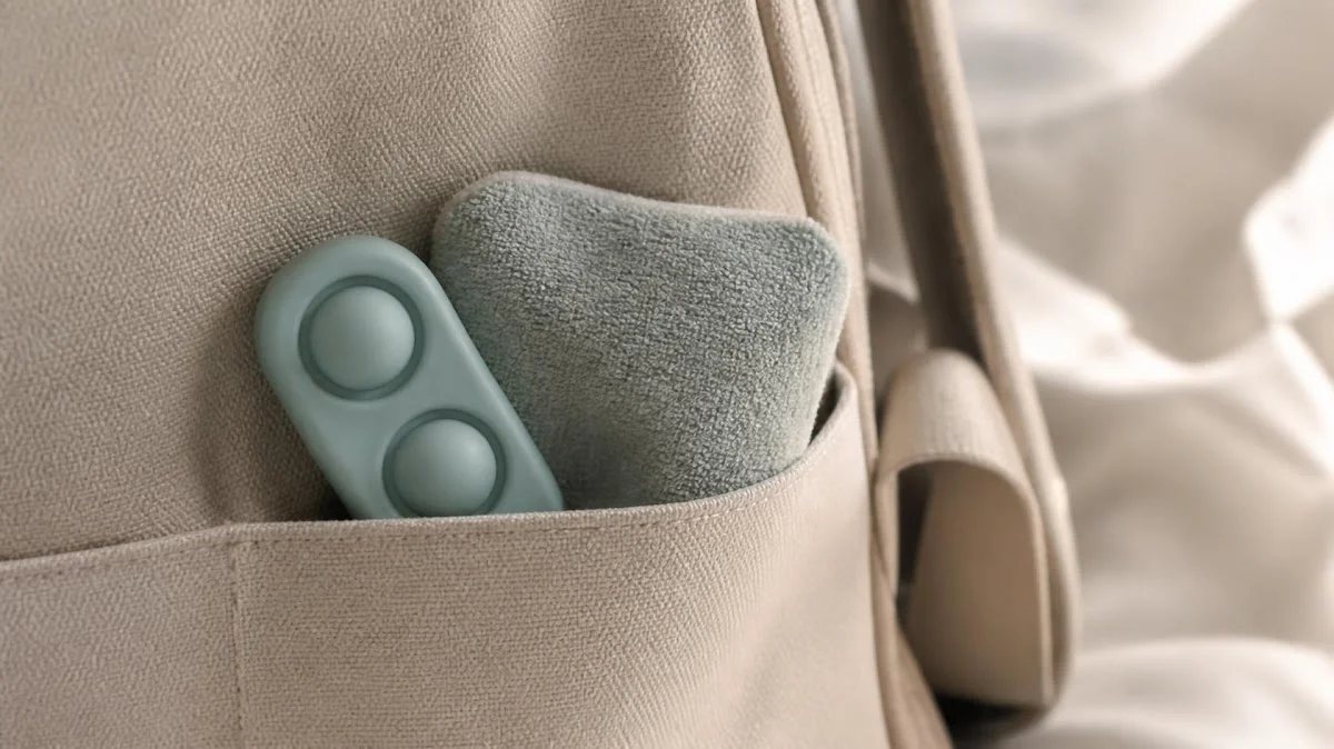 Fidget tool and fabric square in backpack pocket