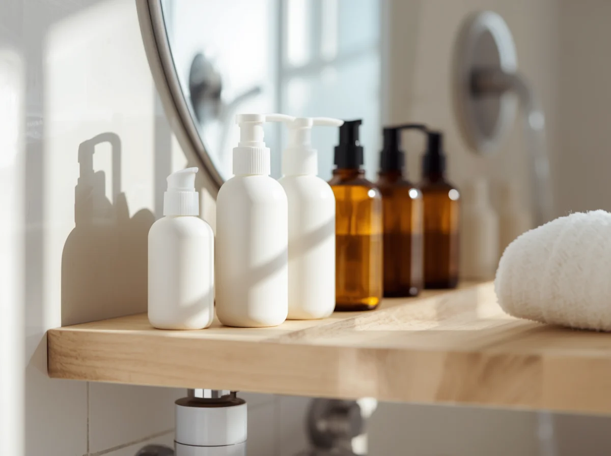 Fragrance free baby bath products on wooden shelf