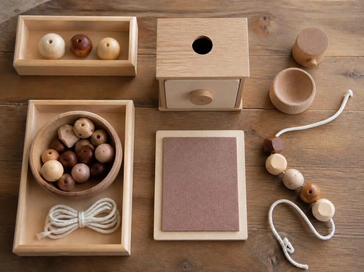 Handmade Montessori materials threading set and object permanence box