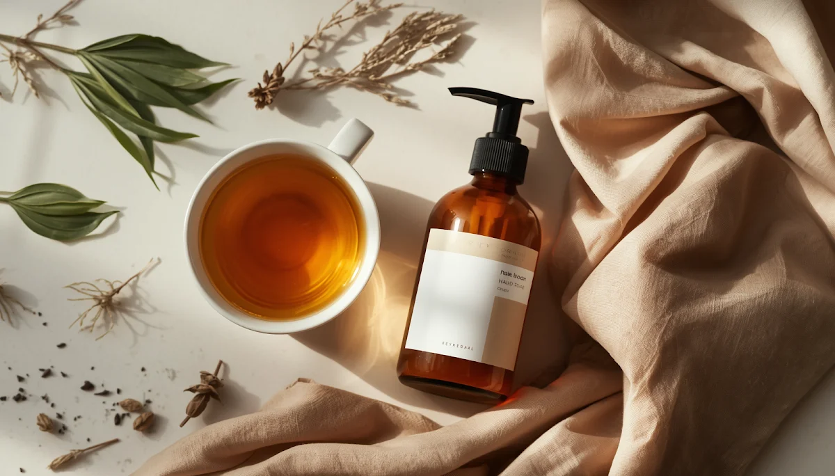 Herbal tea and hand soap flat lay