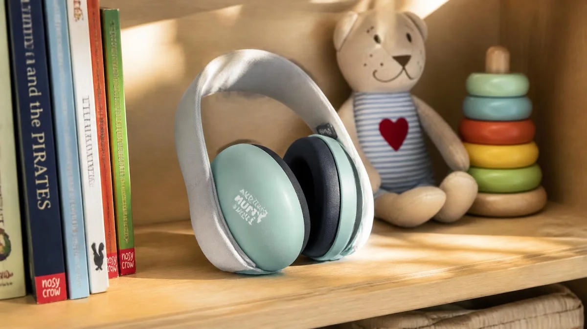 Soft ear defenders for kids on wooden shelf
