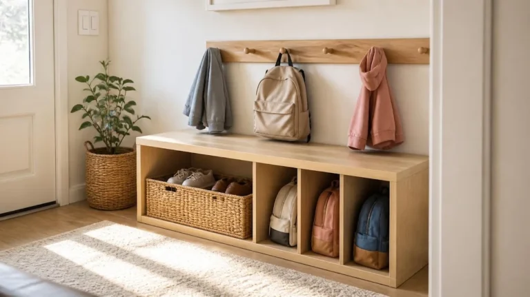 Small entryway launch pad for kids with low hooks shoe basket and backpack cubby