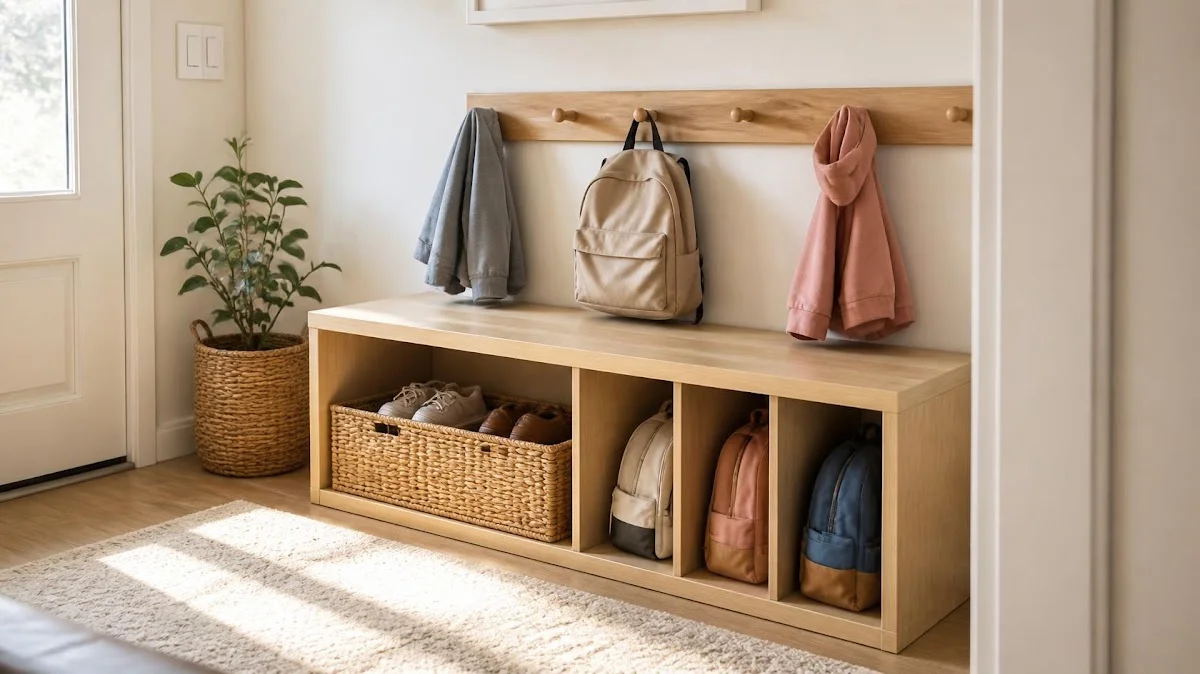 Small entryway launch pad for kids with low hooks shoe basket and backpack cubby