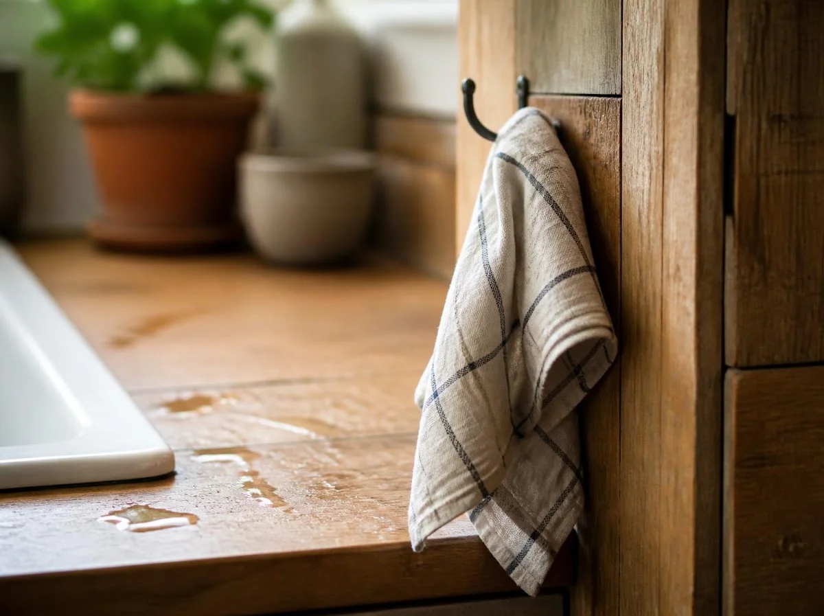 Small folded cloth on low hook beside kitchen station