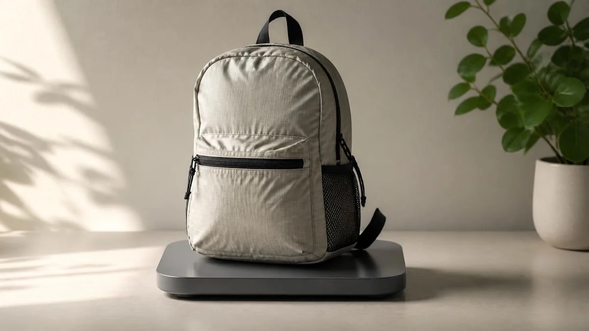Lightweight backpack being weighed on scale