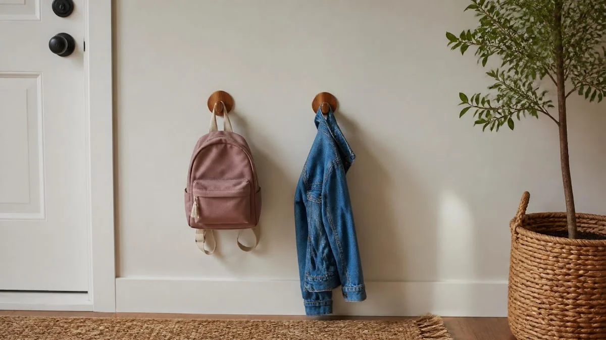 Low wooden hooks at child height with backpack