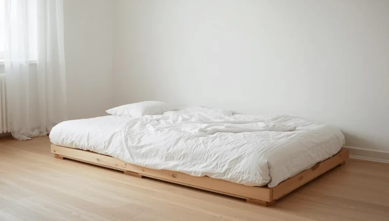 Montessori floor bed setup with low mattress on wooden floor and white linen bedding