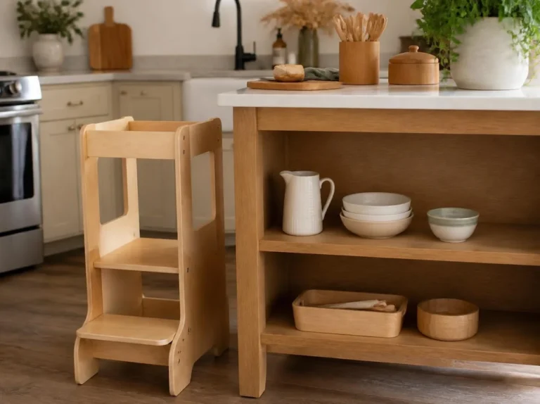 Montessori kitchen helper station with wooden learning tower and low shelf