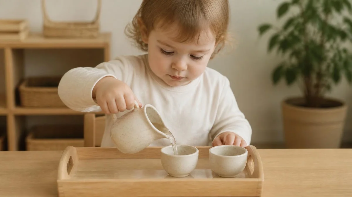 Toddler doing Montessori practical life activity pouring water