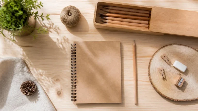 Flat lay of natural wood and simple school supplies