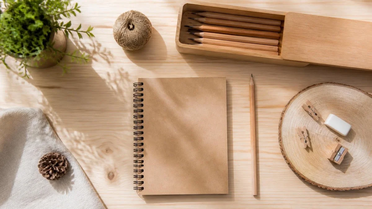 Flat lay of natural wood and simple school supplies