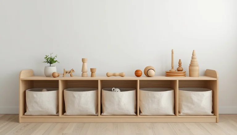 Wooden shelf with five arranged toys and storage bins for toy rotation