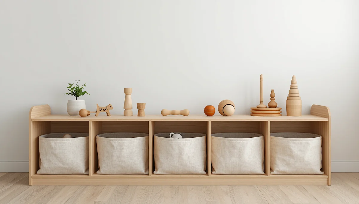 Wooden shelf with five arranged toys and storage bins for toy rotation