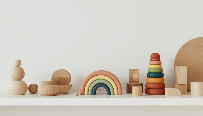 Collection of wooden montessori toys on neutral shelf