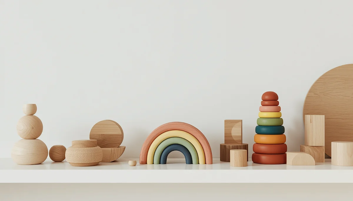 Collection of wooden montessori toys on neutral shelf