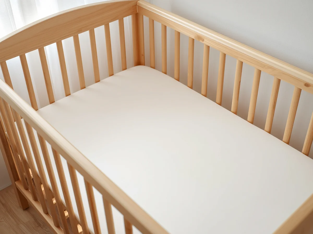 Natural wood crib with organic cotton fitted sheet