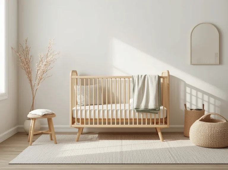 Clean minimalist nursery with organic cotton bedding and natural wood crib
