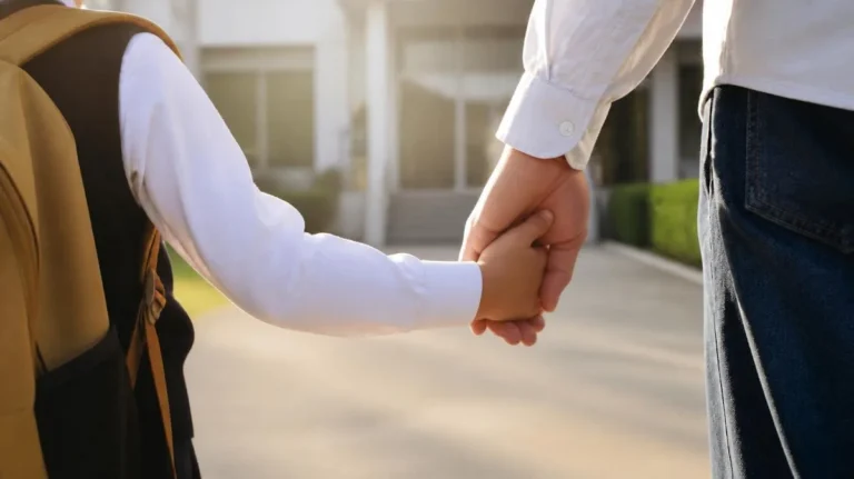 Parent and child hand holding at school entrance in warm morning light