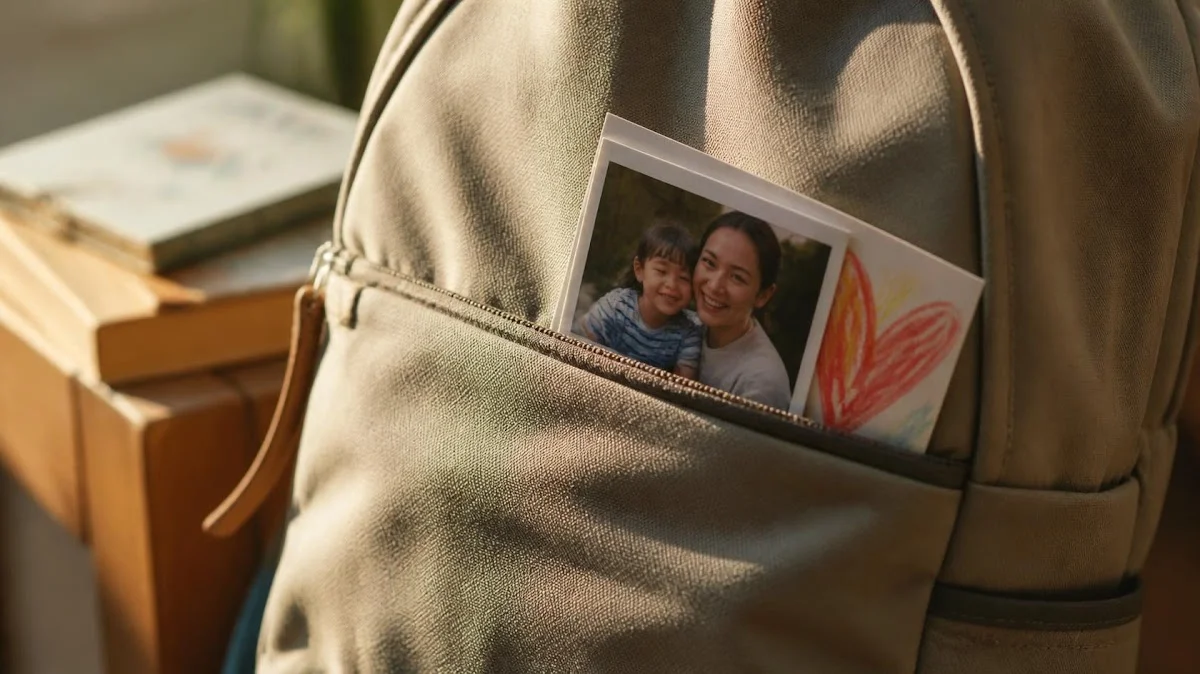 Small photo tucked into backpack pocket