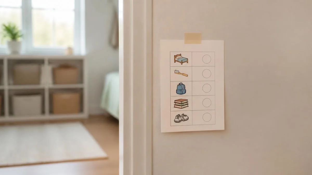 Picture checklist card near door at child height