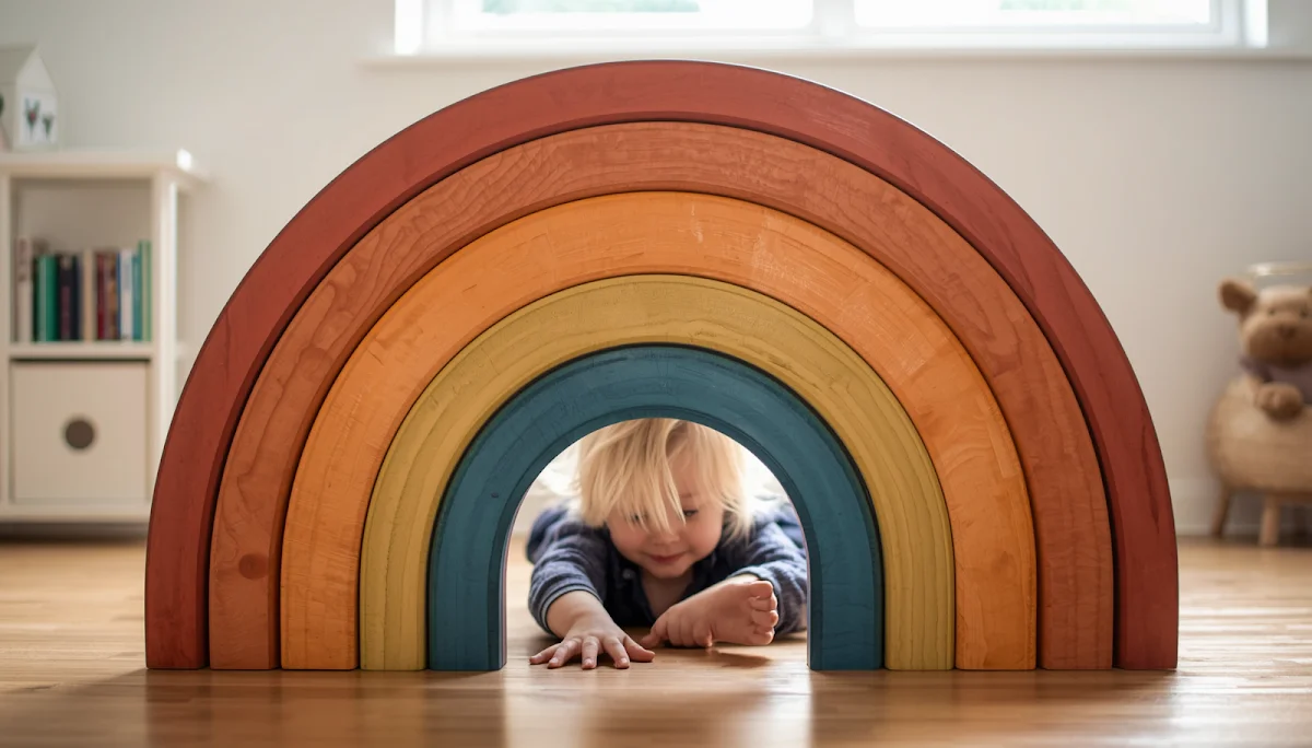 Preschooler playing with large wooden rainbow stacker