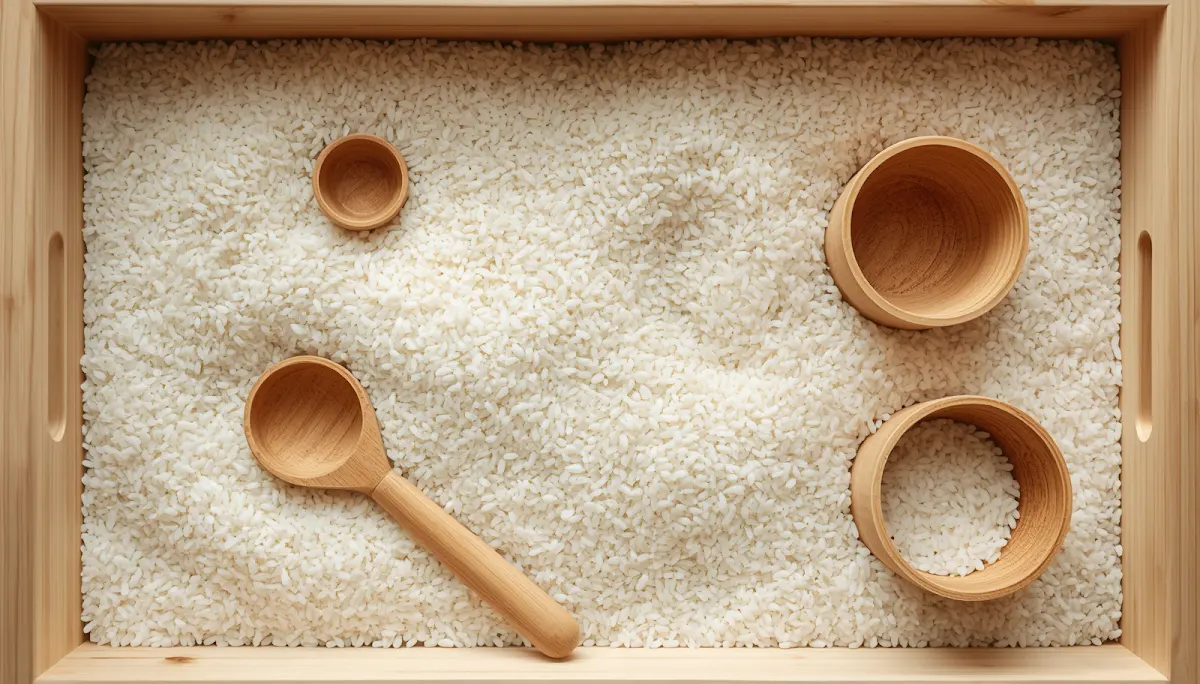 Rice sensory bin with scoops