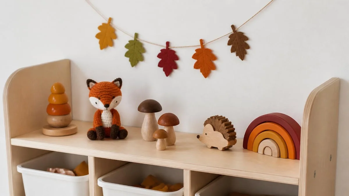 Wooden shelf with seasonal toy rotation
