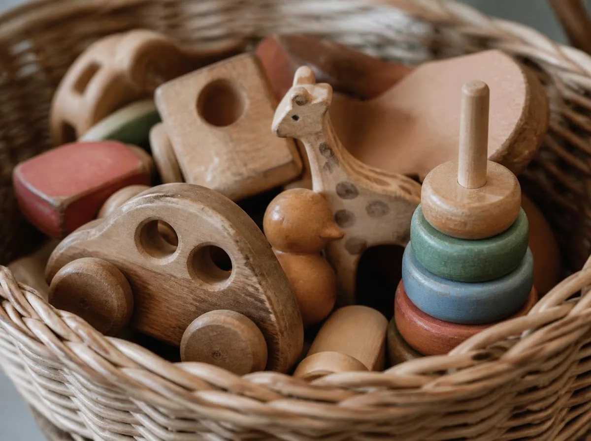 Well loved wooden toys with patina in woven basket
