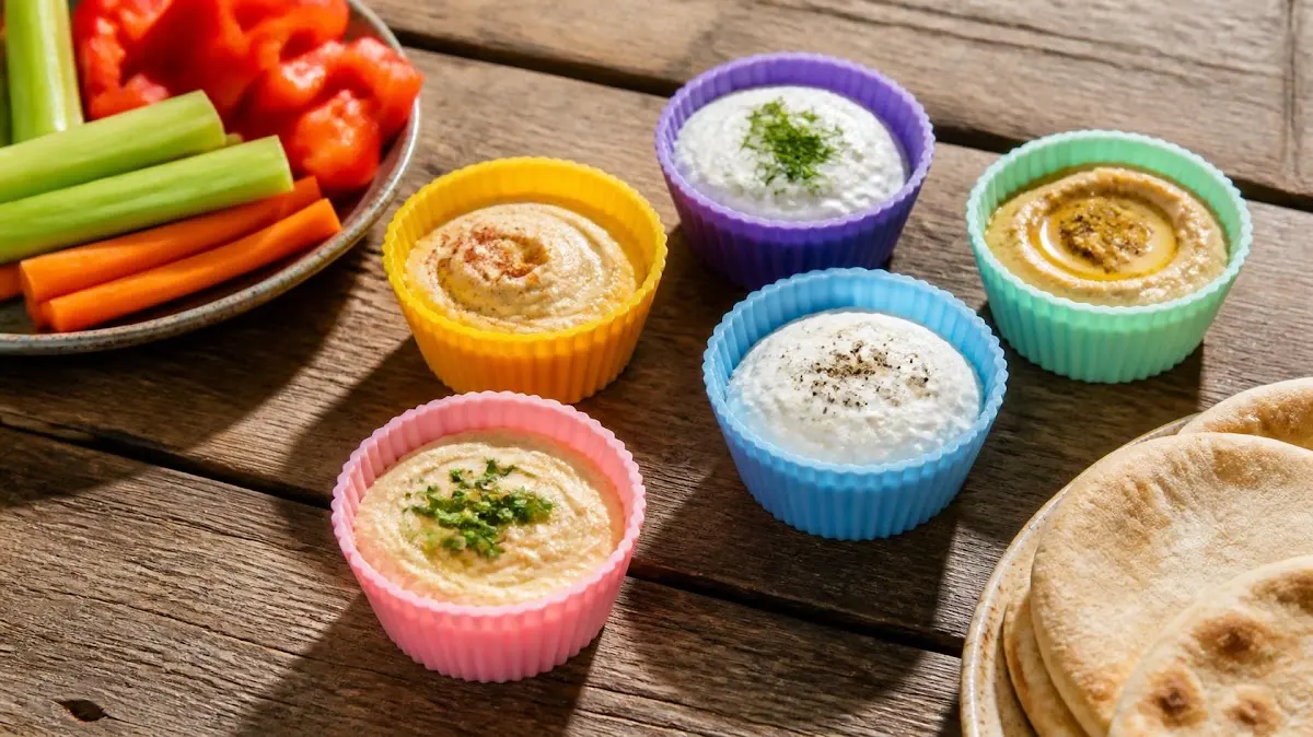 Small silicone dip containers with hummus
