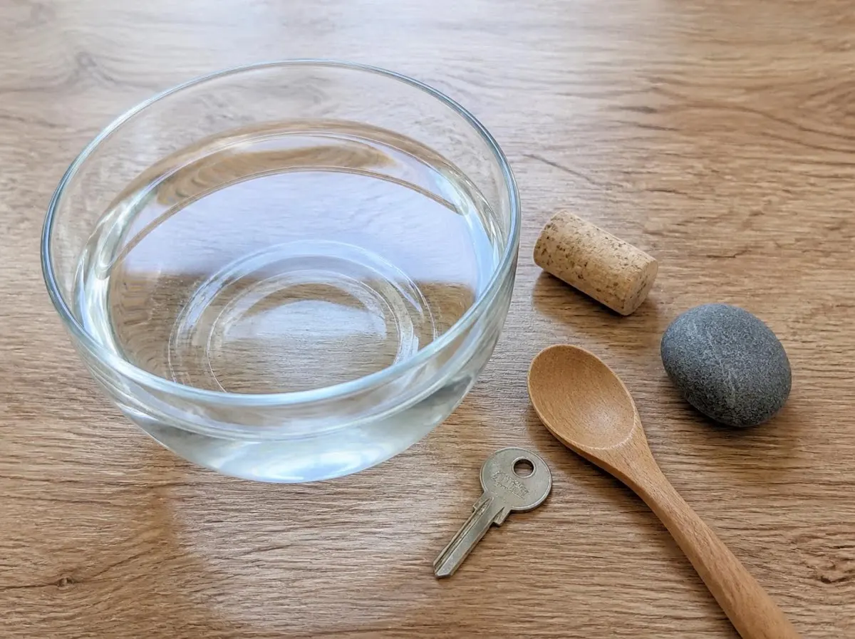 Glass bowl of water with household objects for sink or float