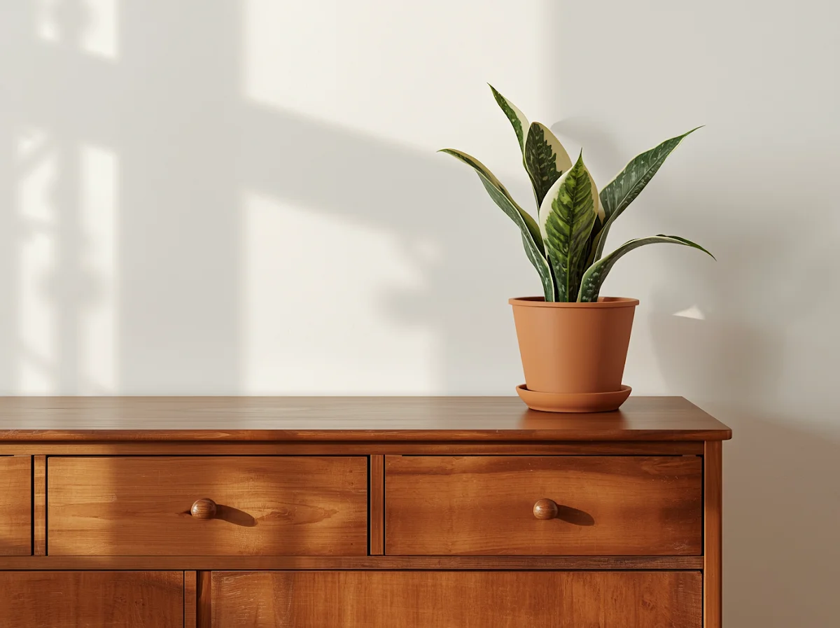 Snake plant on vintage solid wood dresser