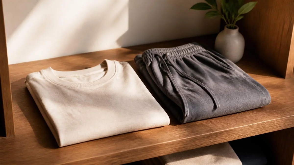 Tagless soft cotton shirt and pants folded on shelf