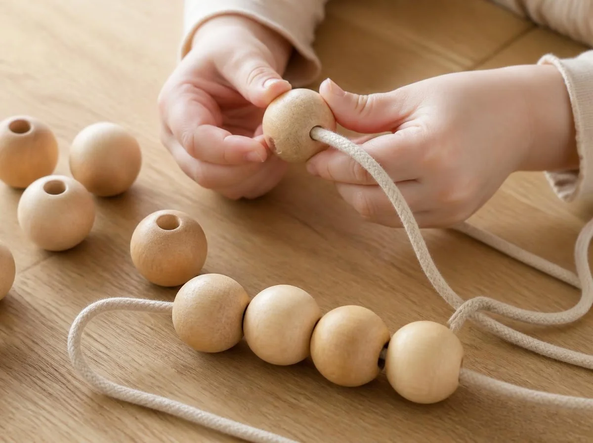 Large wooden beads and thick cord for threading
