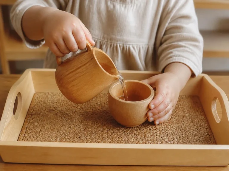 Three year old hands doing Montessori practical life pouring activity