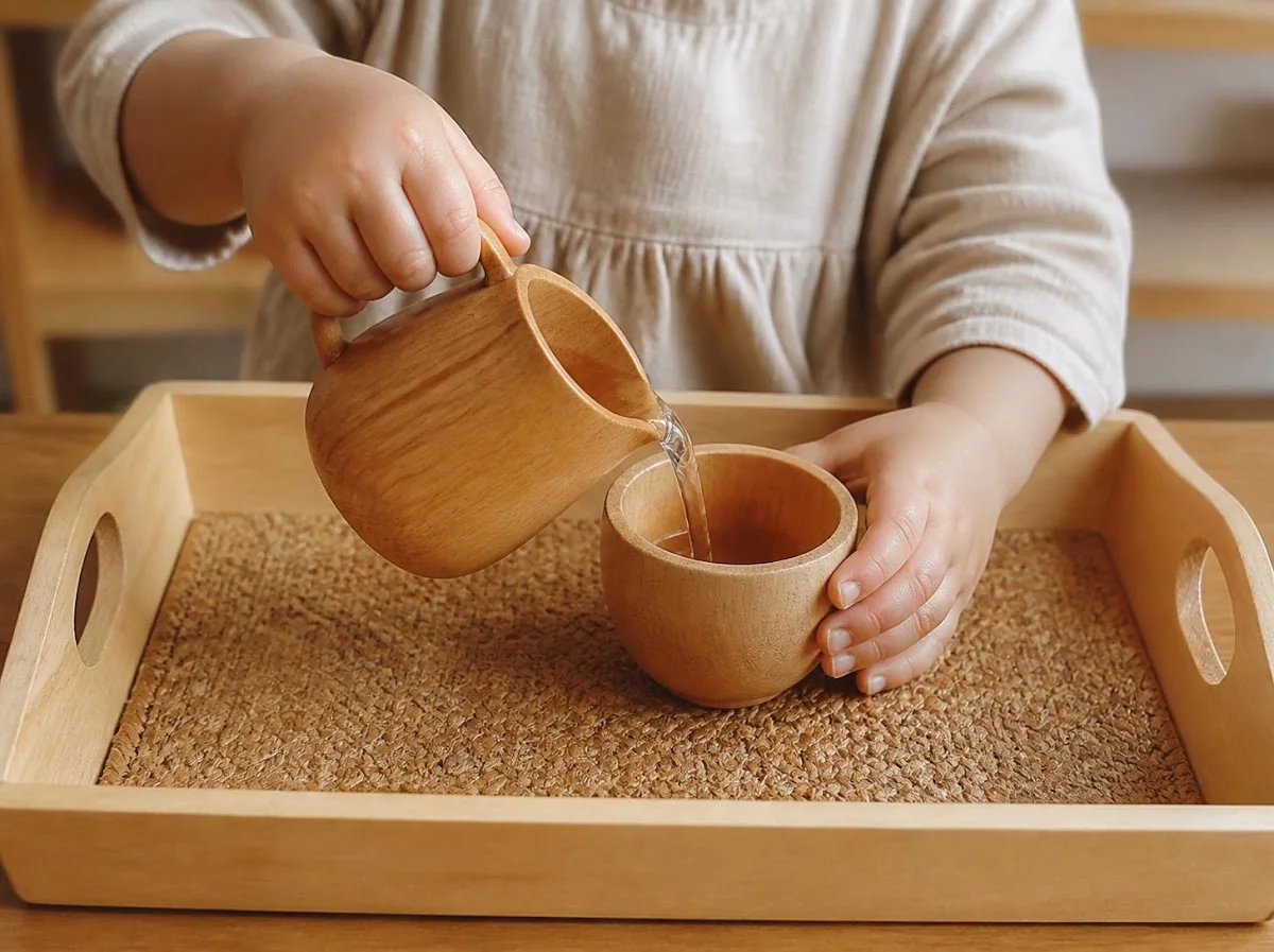 Three year old hands doing Montessori practical life pouring activity