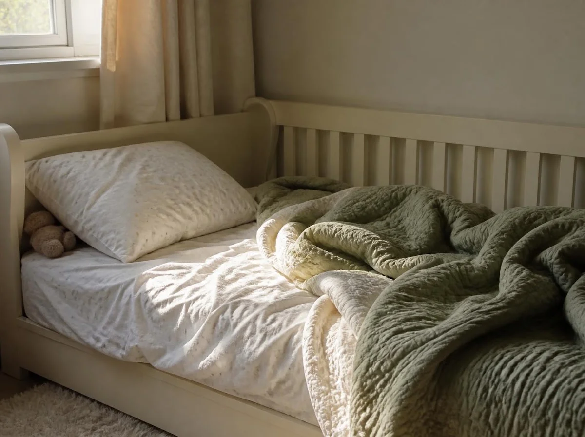Rumpled toddler bed with blanket in morning light